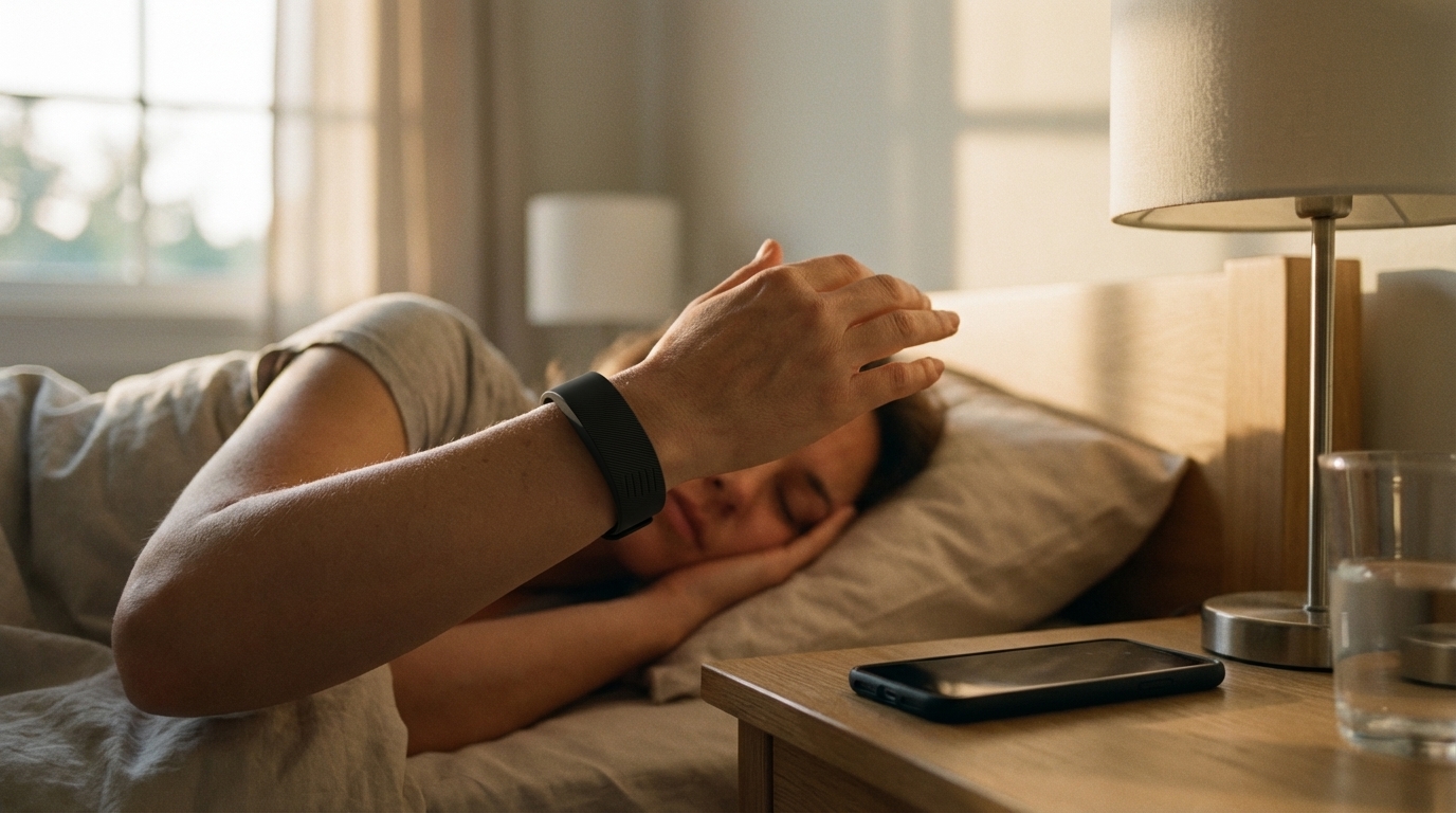 Deaf alarm clock article image showing a sleeper waking with a wearable vibration alarm